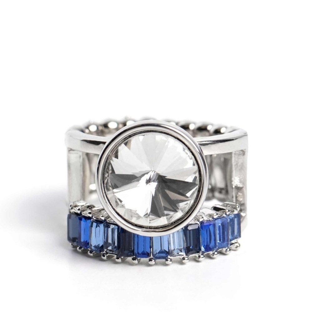 Paparazzi Silver and Blue Ring Collection Balanced Bravura White Gem Fashion